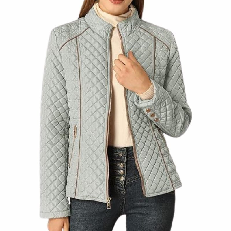 Women's Quilted Zip Up Jacket | Stand Collar Hip Length Angle