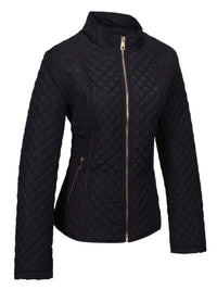 Women's Quilted Zip Up Jacket | Stand Collar Hip Length Detail