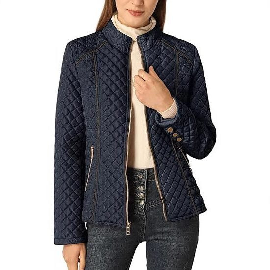 Women's Quilted Zip Up Jacket | Stand Collar Hip Length Full