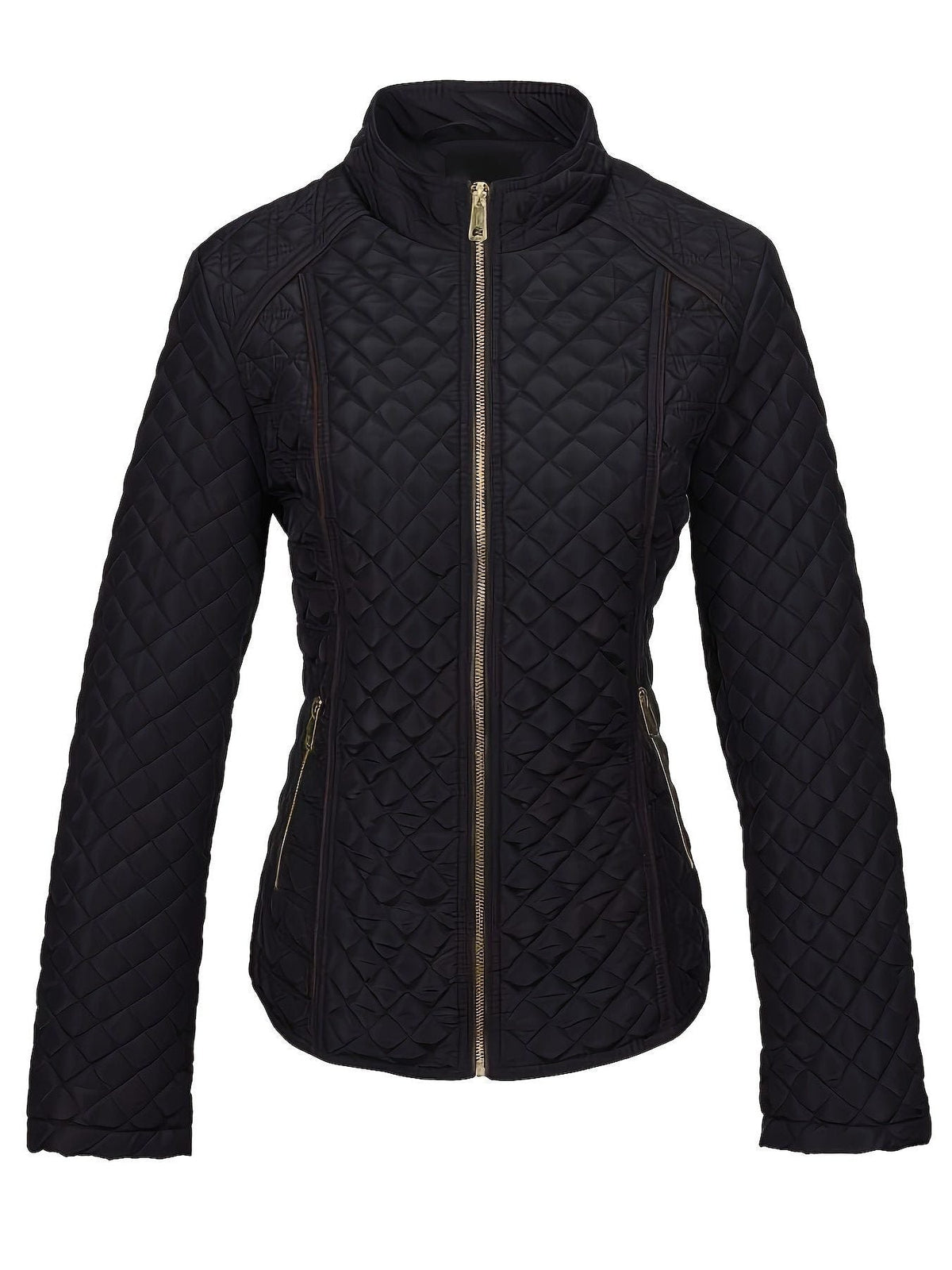 Women's Quilted Zip Up Jacket | Stand Collar Hip Length Side