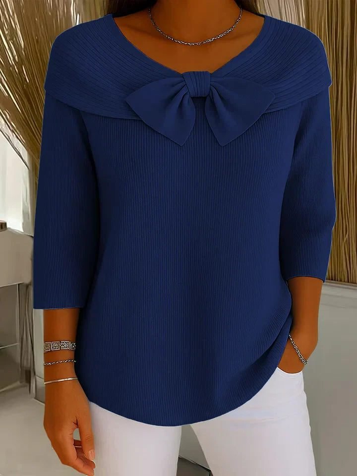 Women's Ribbed Bow Collar Sweater | Three-Quarter Sleeve Knit Back