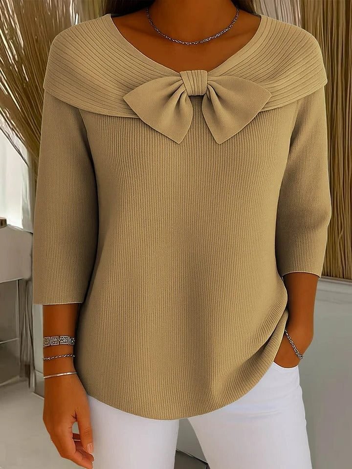 Women's Ribbed Bow Collar Sweater | Three-Quarter Sleeve Knit Detail