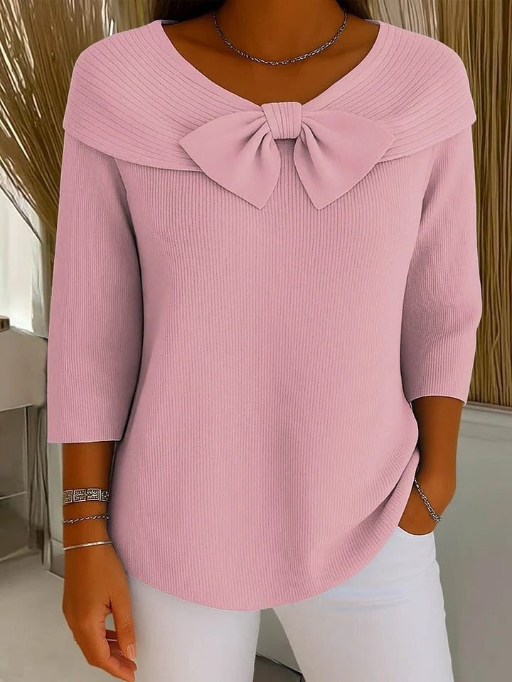 Women's Ribbed Bow Collar Sweater | Three-Quarter Sleeve Knit Front