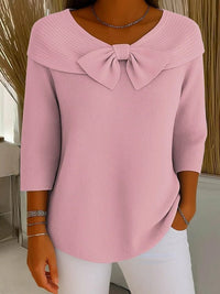 Women's Ribbed Bow Collar Sweater | Three-Quarter Sleeve Knit Front