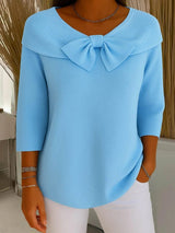 Women's Ribbed Bow Collar Sweater | Three-Quarter Sleeve Knit