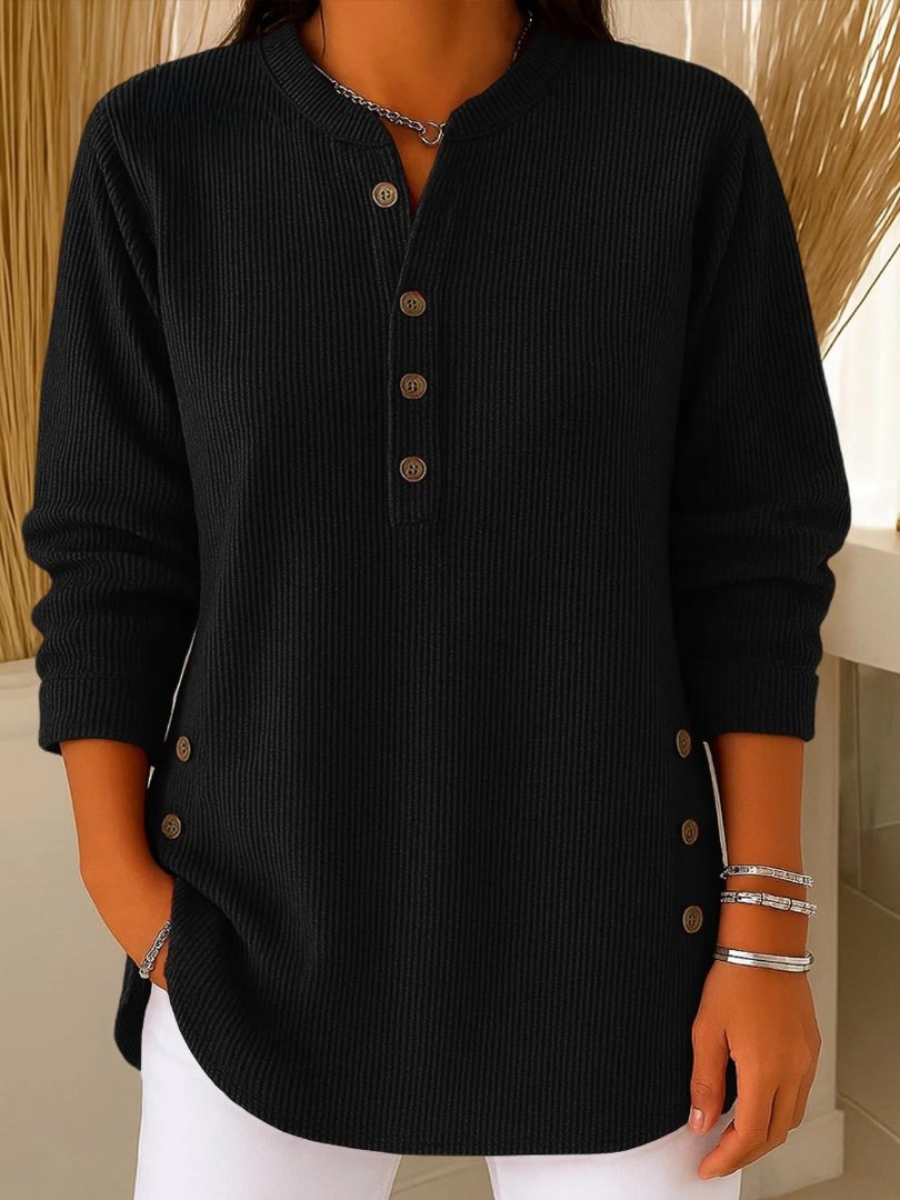 Women's Ribbed Henley Top | Long Sleeve Relaxed Fit Back