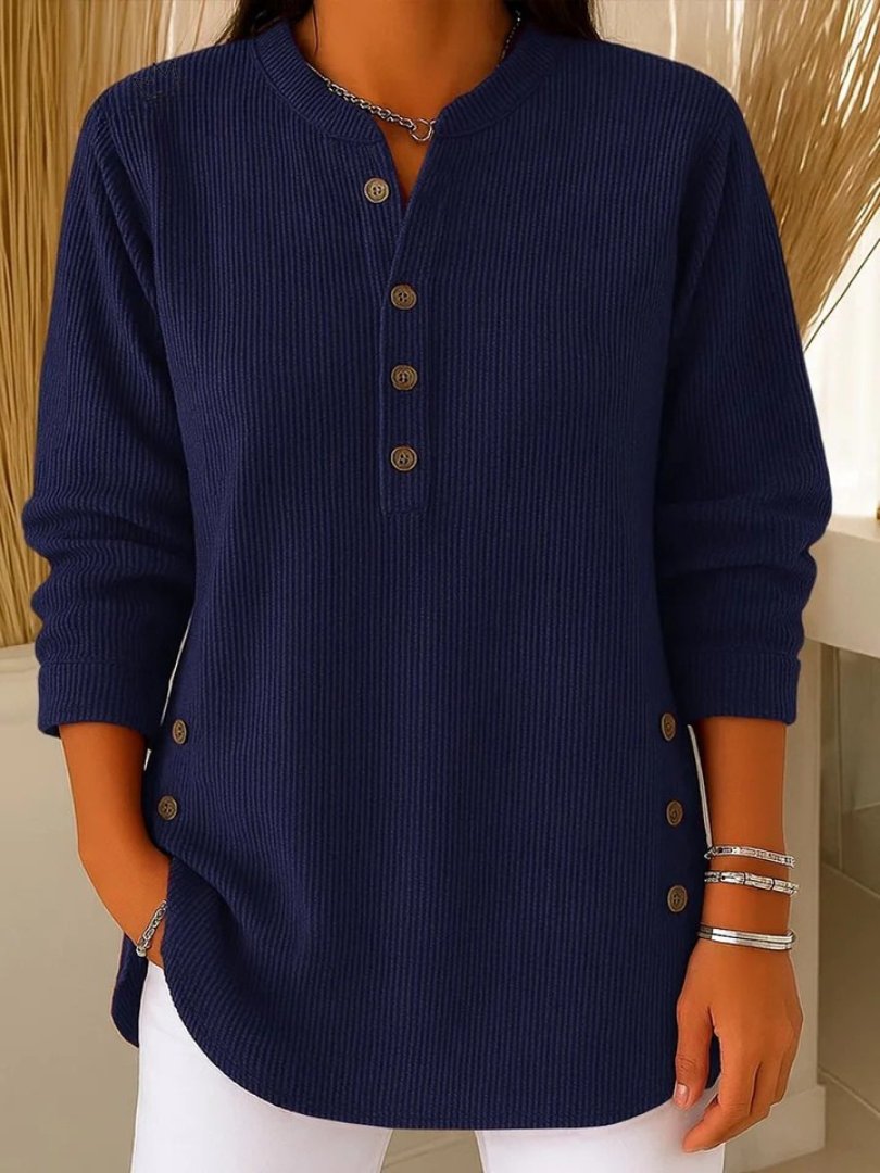 Women's Ribbed Henley Top | Long Sleeve Relaxed Fit Detail
