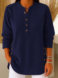 Women's Ribbed Henley Top | Long Sleeve Relaxed Fit Detail