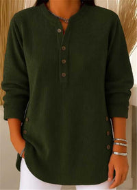 Women's Ribbed Henley Top | Long Sleeve Relaxed Fit Full
