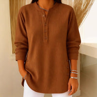 Women's Ribbed Henley Top | Long Sleeve Relaxed Fit Lifestyle