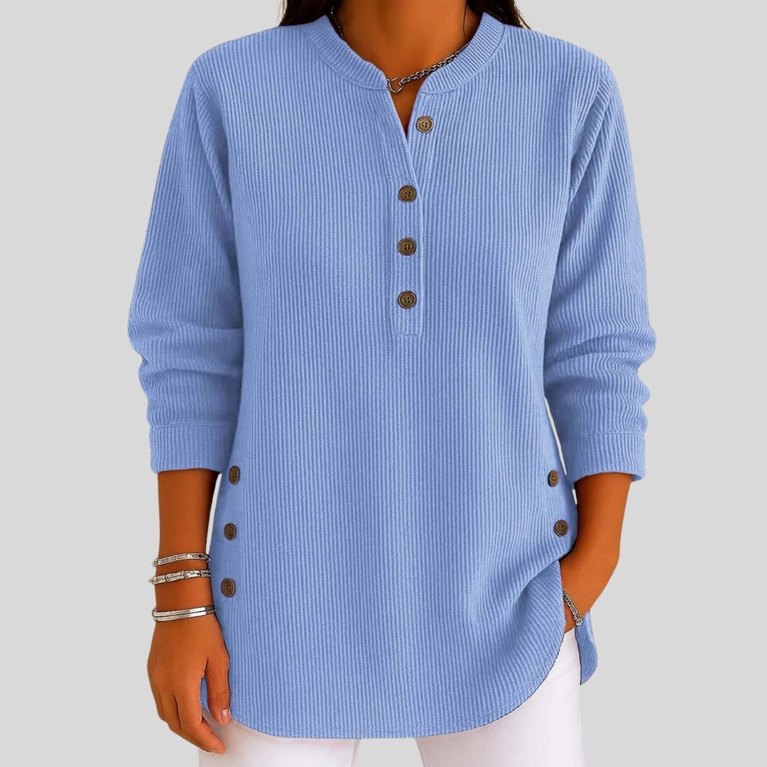 Women's Ribbed Knit Pullover | Button Front Crew Neck Sweater Hero