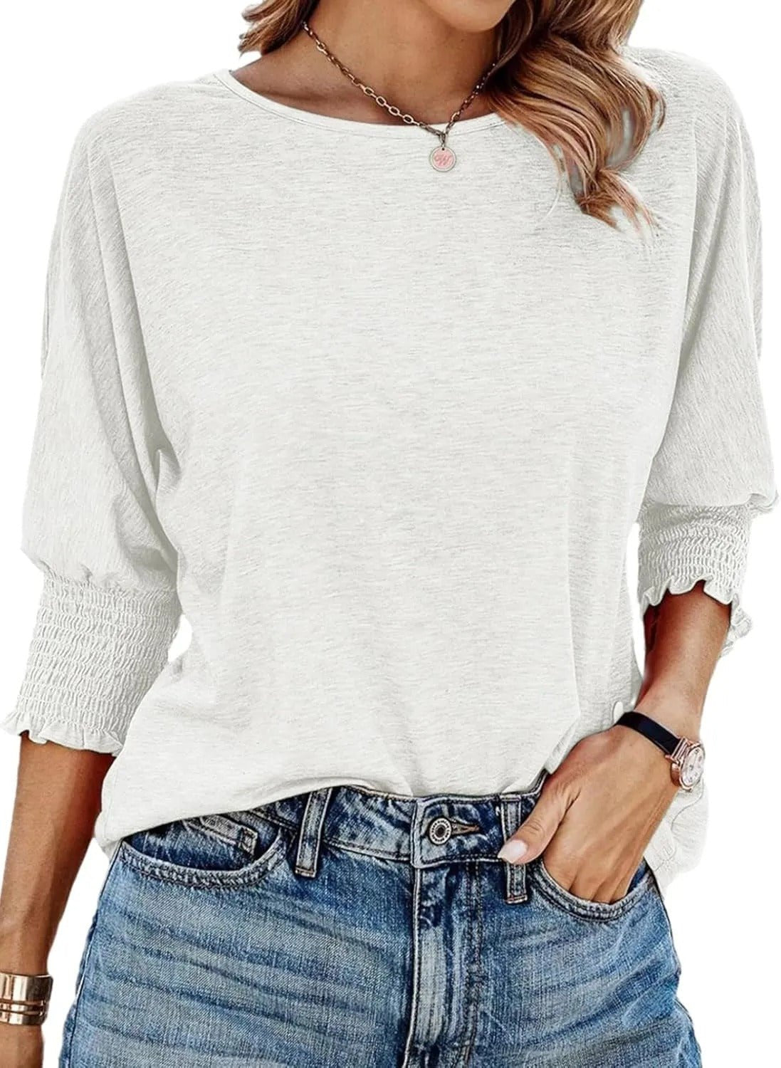 Women's Ruffle Cuff Crewneck Blouse | Pleated Sleeve Everyday Fit Alternate
