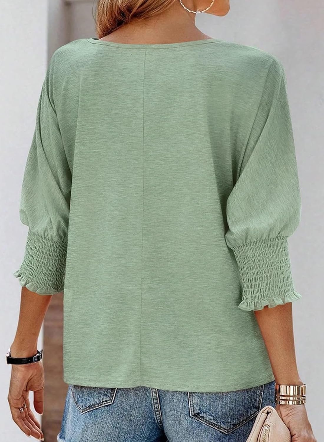 Women's Ruffle Cuff Crewneck Blouse | Pleated Sleeve Everyday Fit Detail