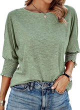 Women's Ruffle Cuff Crewneck Blouse | Pleated Sleeve Everyday Fit