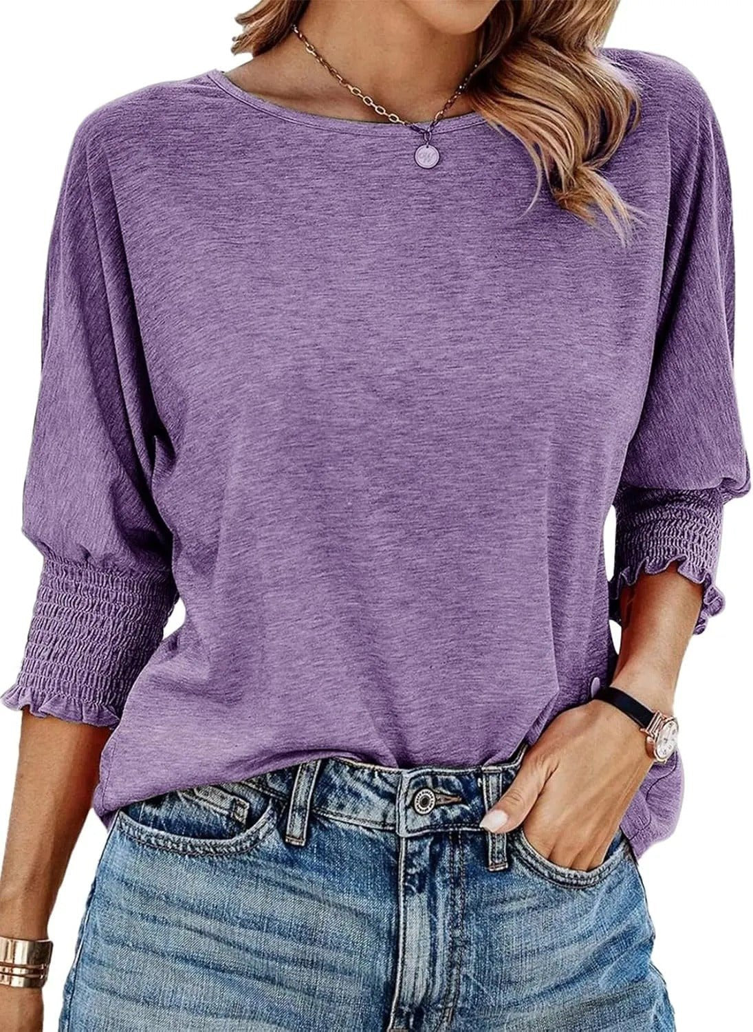 Women's Ruffle Cuff Crewneck Blouse | Pleated Sleeve Everyday Fit View 13
