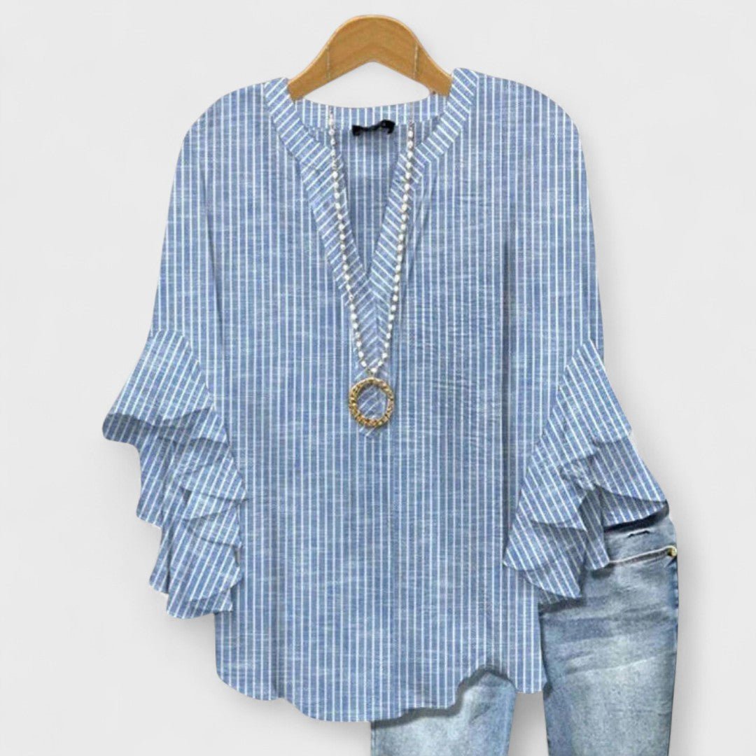 Women's Ruffle Sleeve Blouse | V-Neck Tunic Fit Detail