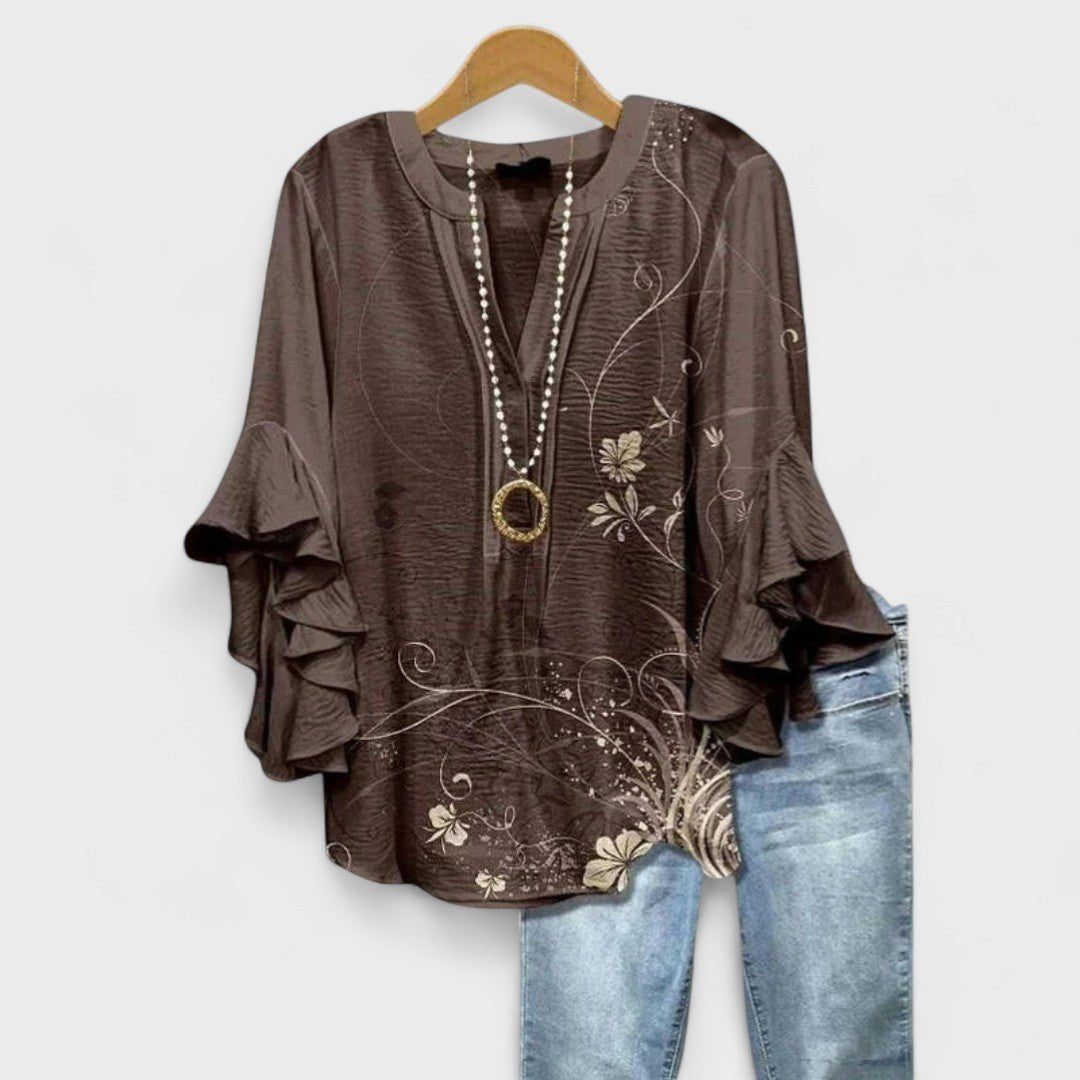Women's Ruffle Sleeve Blouse | V-Neck Tunic Fit Side