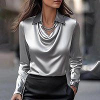 Women's Satin Cowl Neck Blouse | Long Sleeve Evening Top Detail