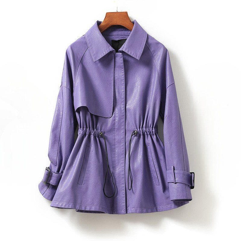 Women's Sheepskin Leather Jacket | Cinched Waist Zip Front Front