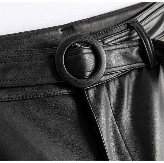 Women's Sheepskin Leather Pants | O-Ring Belt Straight Leg Back