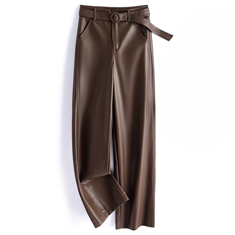 Women's Sheepskin Leather Pants | O-Ring Belt Straight Leg Detail