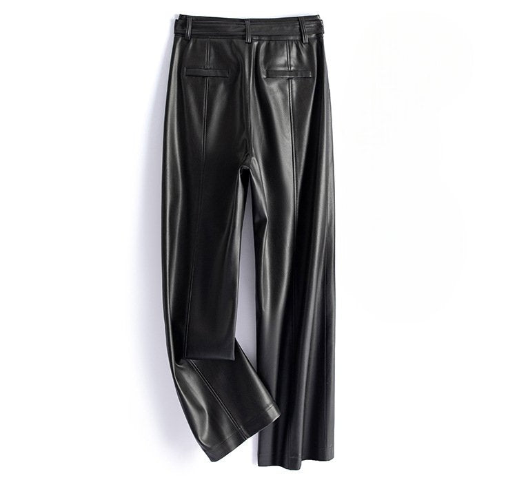 Women's Sheepskin Leather Pants | O-Ring Belt Straight Leg Front