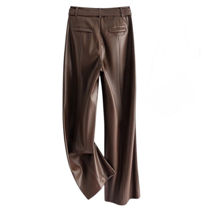 Women's Sheepskin Leather Pants | O-Ring Belt Straight Leg Side