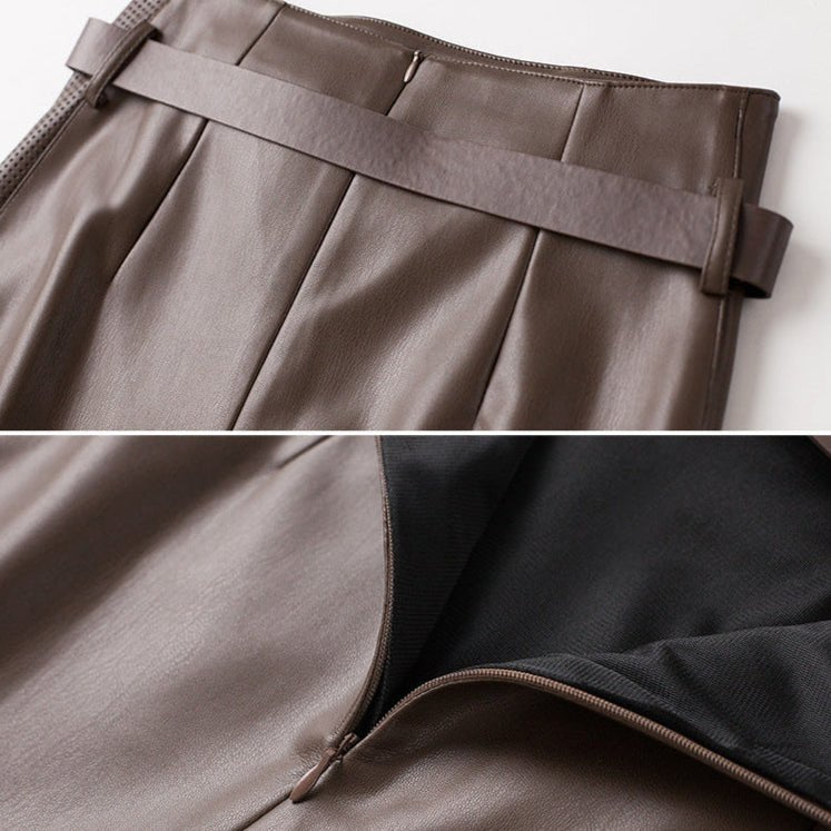 Women's Sheepskin Leather Skirt | Perforated Panel Asymmetric Alternate