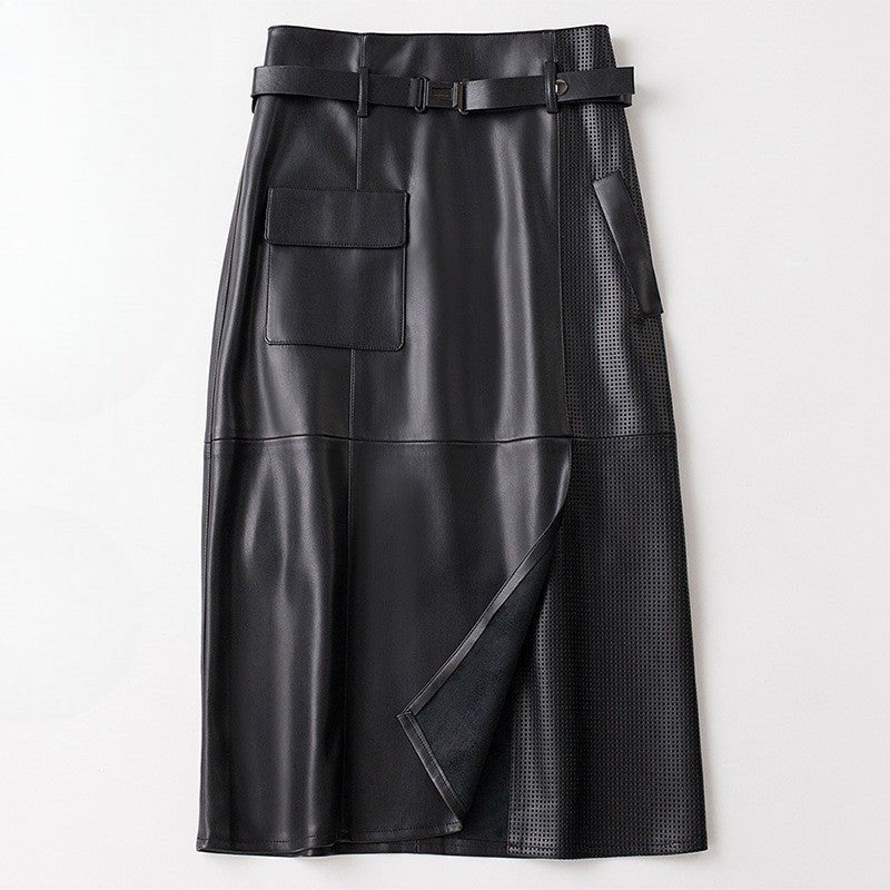 Women's Sheepskin Leather Skirt | Perforated Panel Asymmetric Back
