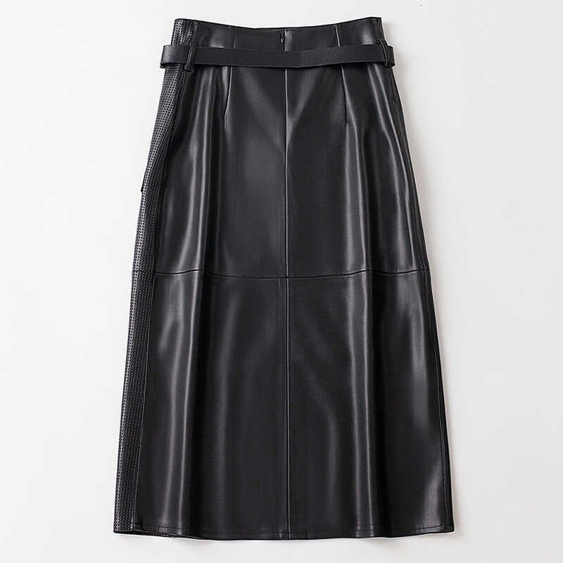 Women's Sheepskin Leather Skirt | Perforated Panel Asymmetric Close Up