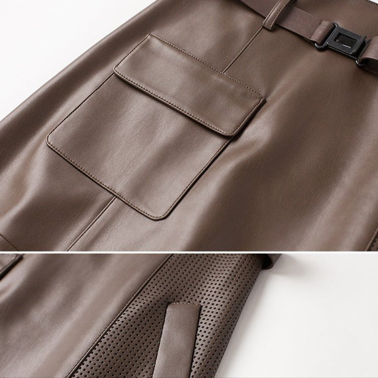 Women's Sheepskin Leather Skirt | Perforated Panel Asymmetric Full