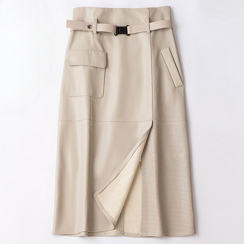 Women's Sheepskin Leather Skirt | Perforated Panel Asymmetric Hero