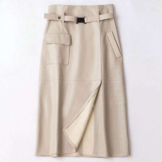 Women's Sheepskin Leather Skirt | Perforated Panel Asymmetric Hero