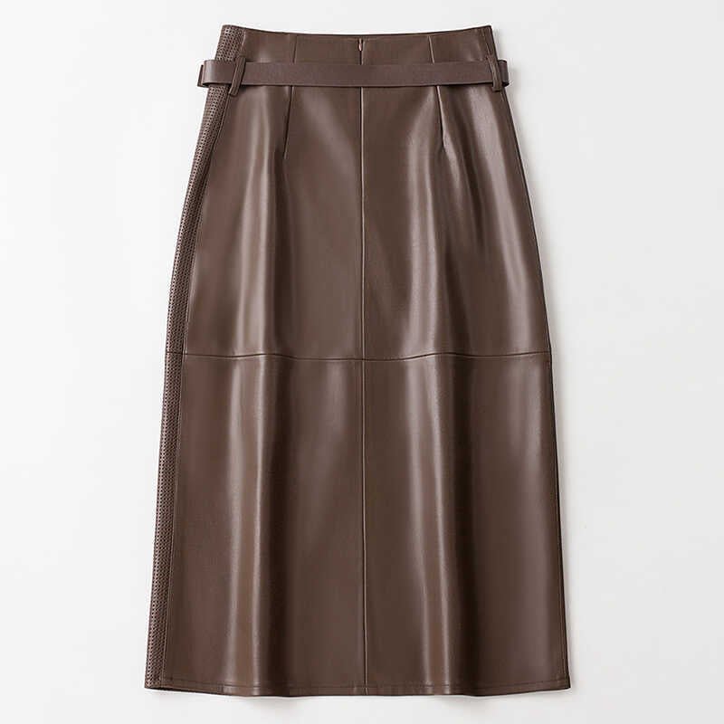 Women's Sheepskin Leather Skirt | Perforated Panel Asymmetric Side