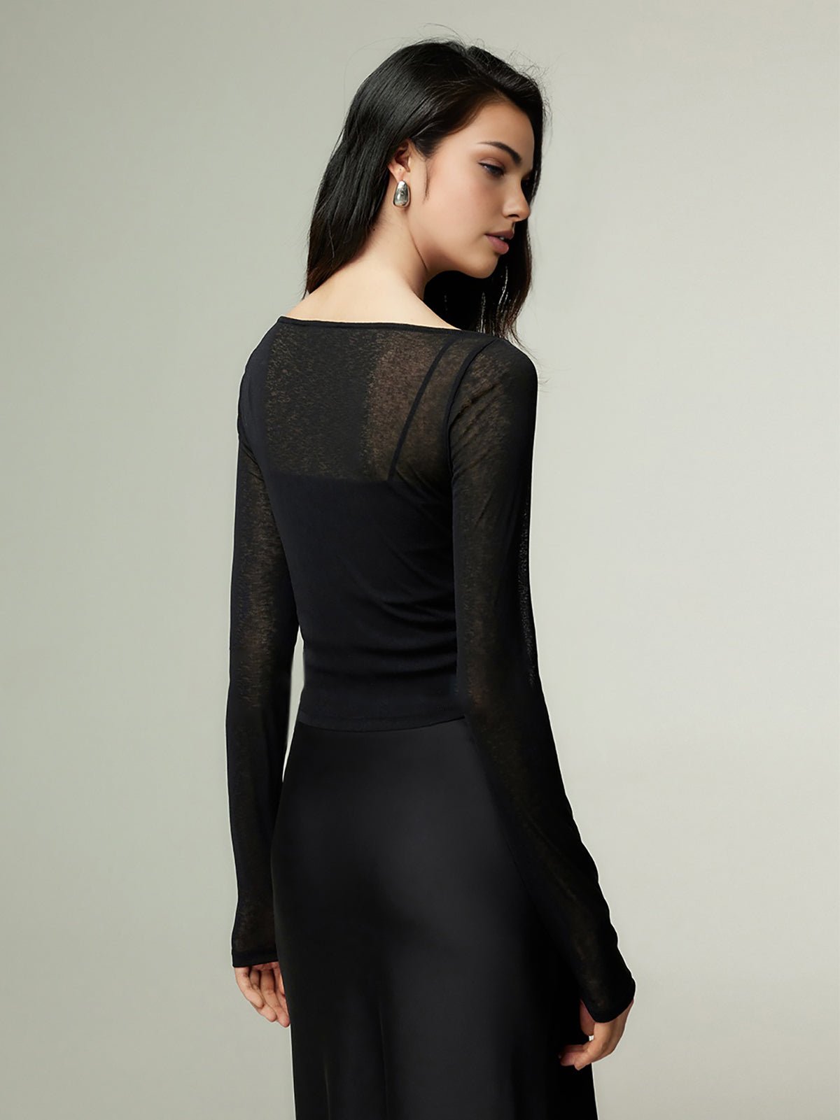 Women's Slim Straight Neck Jersey Top | Long Sleeve Casual Side