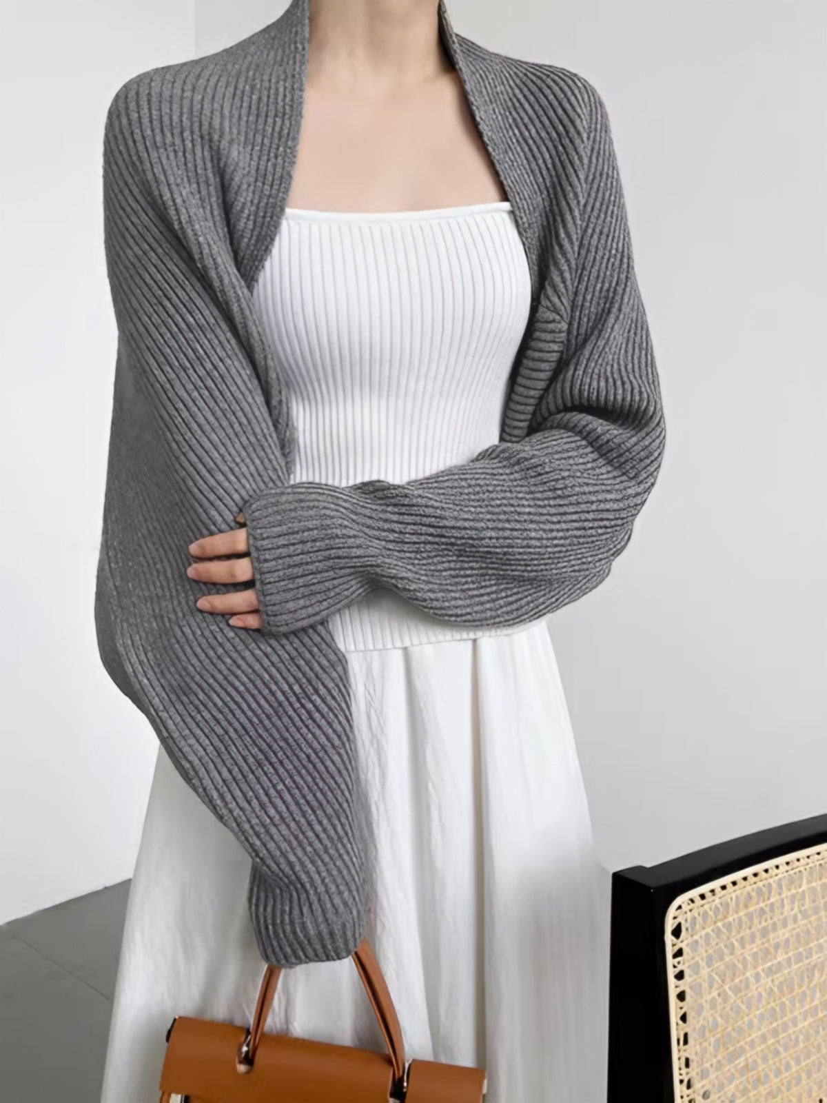 Women's Solid Open-Front Shrug | Balloon Sleeves Full