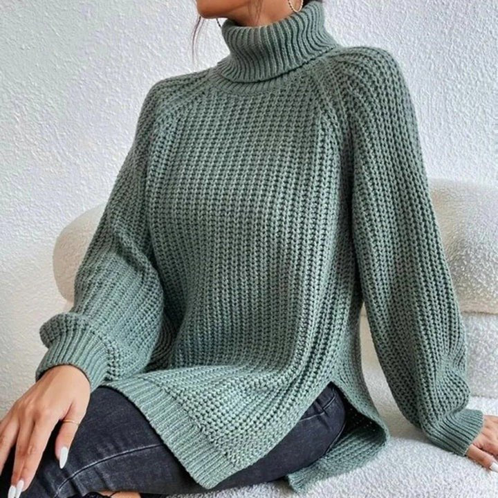 Women's Split Hem Turtleneck Sweater | Long Sleeve Knit Back