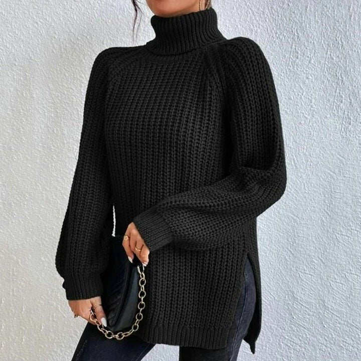 Women's Split Hem Turtleneck Sweater | Long Sleeve Knit Close Up