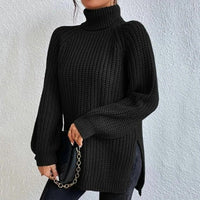 Women's Split Hem Turtleneck Sweater | Long Sleeve Knit Close Up