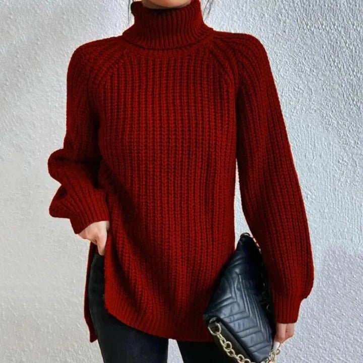 Women's Split Hem Turtleneck Sweater | Long Sleeve Knit Detail
