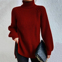 Women's Split Hem Turtleneck Sweater | Long Sleeve Knit Detail