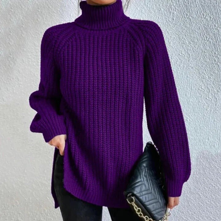 Women's Split Hem Turtleneck Sweater | Long Sleeve Knit Side
