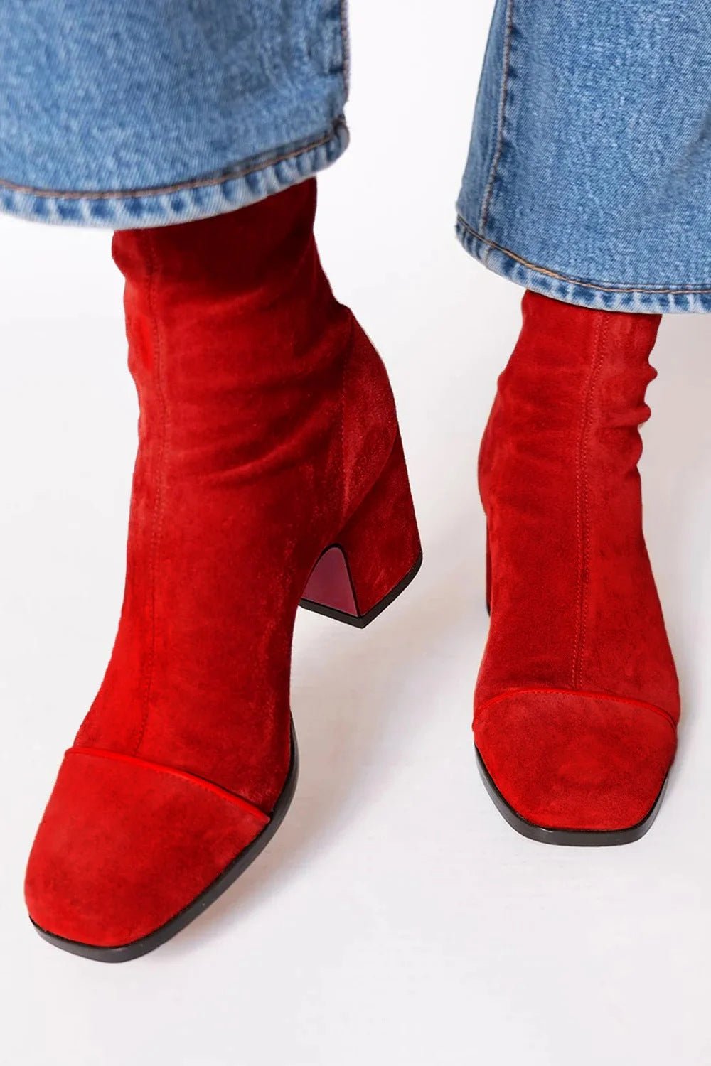 Women's Square Toe Block Heel Boots | Suede Ankle Detail