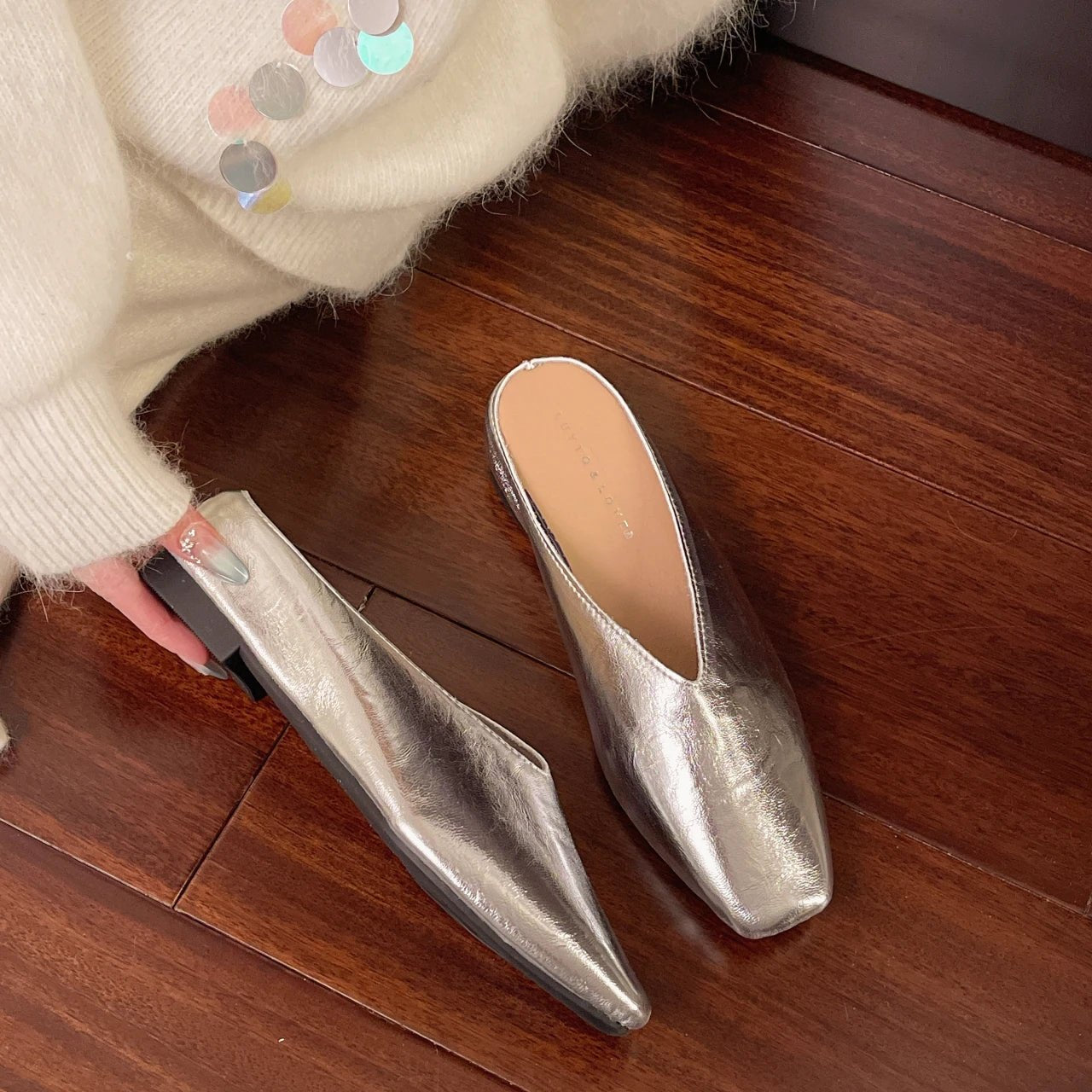 Women's Square Toe Leather Flats | Slip-On Angle