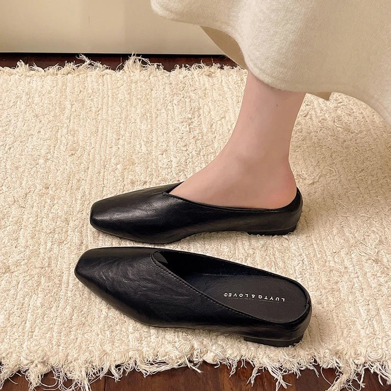 Women's Square Toe Leather Flats | Slip-On Back