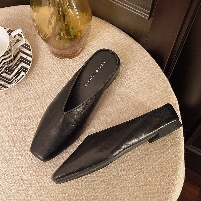 Women's Square Toe Leather Flats | Slip-On Detail