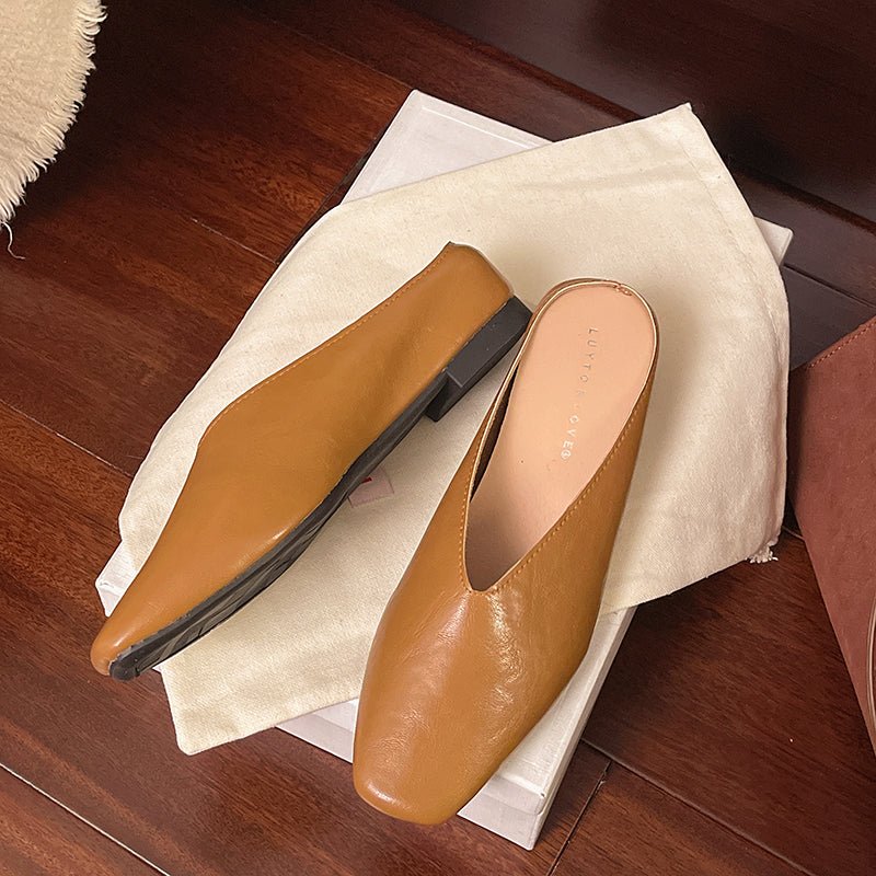 Women's Square Toe Leather Flats | Slip-On Front