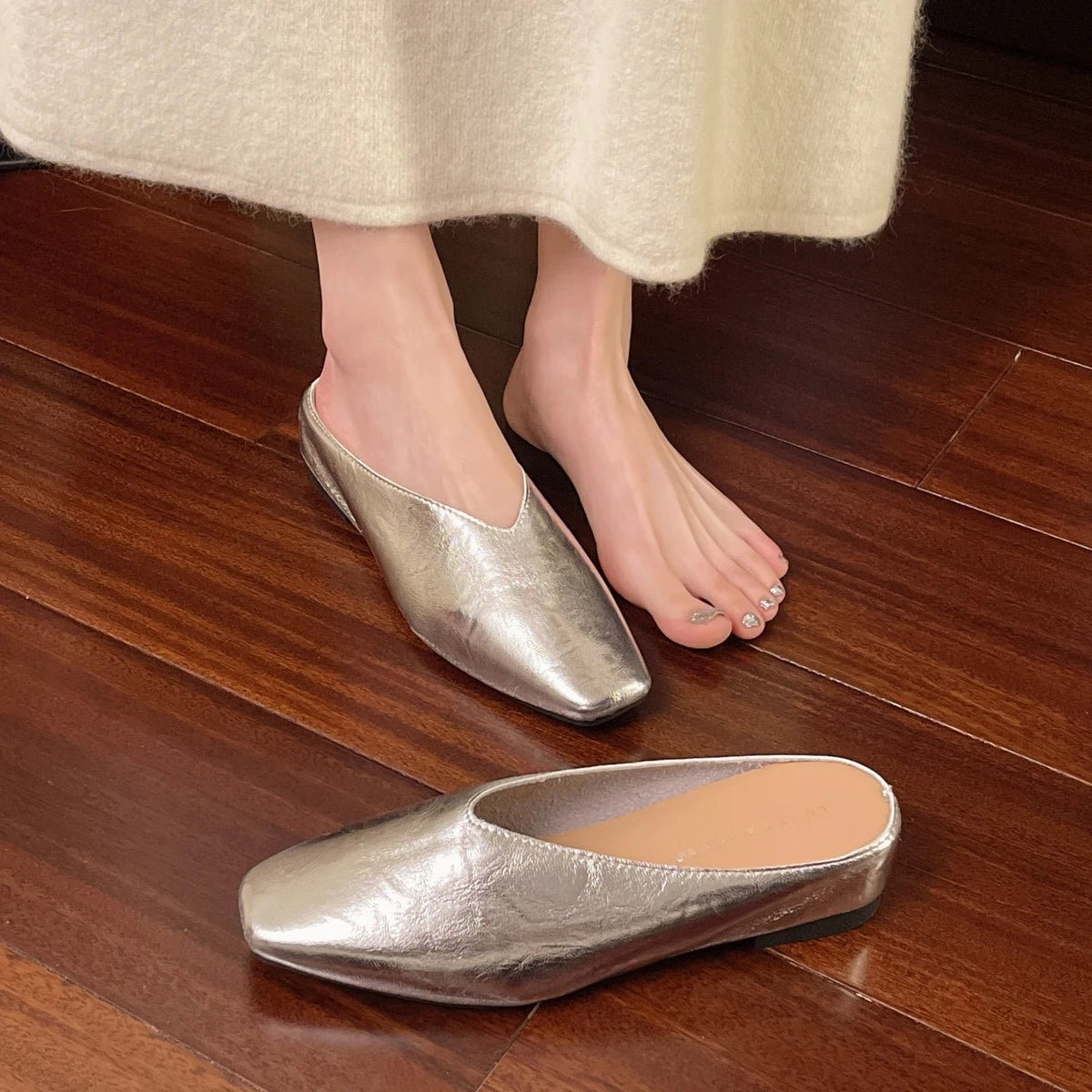 Women's Square Toe Leather Flats | Slip-On Full