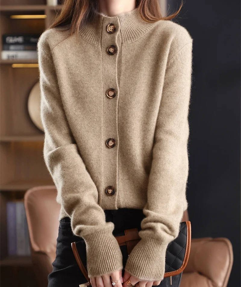 Women's Stand Collar Cardigan Sweater | Button-Front Knit Back