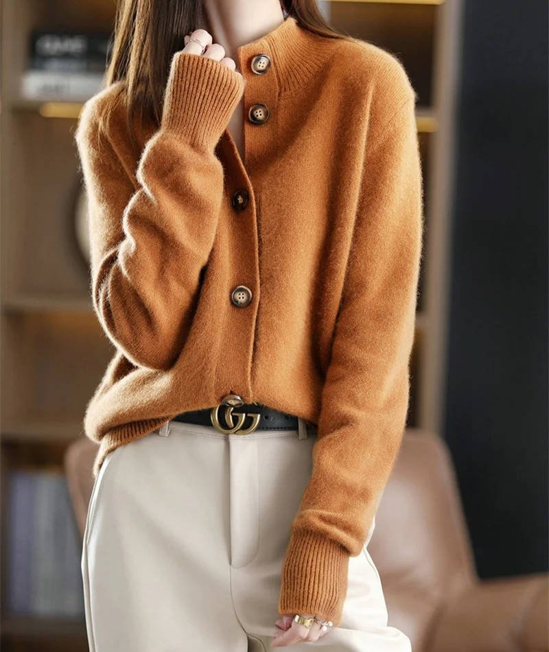 Women's Stand Collar Cardigan Sweater | Button-Front Knit Close Up